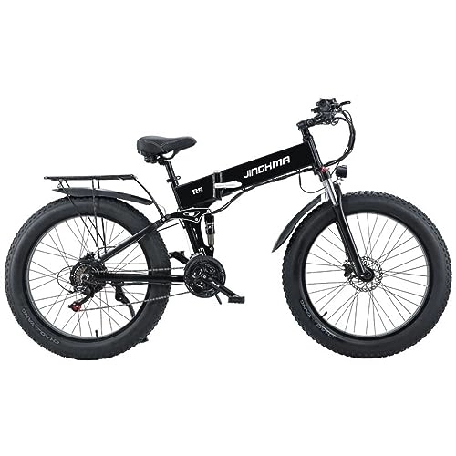 Electric Bike : BURCHDA Folding Electric Bike for Adults, 48V 14Ah Removable Battery, 26''*4.0'' Fat Tire, Dual Shock Absorber, Hydraulic Disc Brake, Ebike with 21-Speed (26 * 4.0'' black)