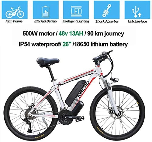 Electric Bike : BWJL Electric Bicycles for Adults, Ip54 Waterproof 500W 1000W Aluminum Alloy Ebike Bicycle Removable 48V / 13Ah, Lithium-Ion Battery Mountain Bike / Commute Ebike, white red, 1000W