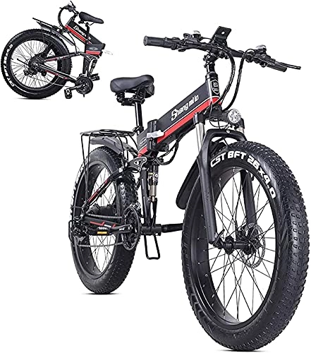 Electric Bike : CASTOR Electric Bike 26inch4.0 Fat Tire Folding Electric Mountain Bike, 48v 12.8ah Removable Lithium Battery, 1000w Motor and 21 Speed Gears Beach Snow Bicycle, Full Suspension bike for All Terrains, Red
