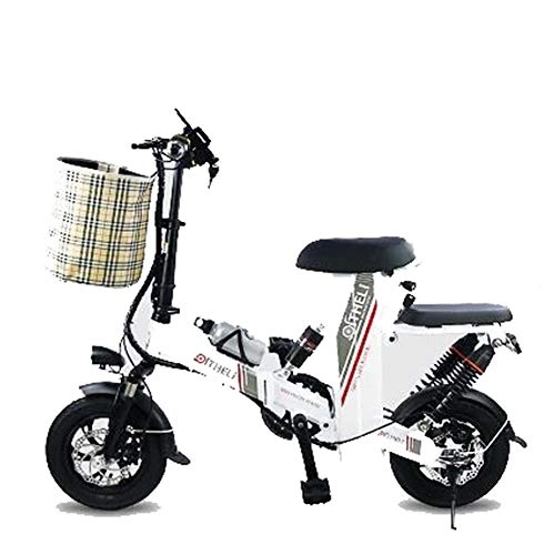 Electric Bike : CJCJ-LOVE 12-Inch Foldable Electric Bicycle with Basket, 2 Saddle Seat Adult E-Bike Cruising Range 50 Kilometers Removable Lithium Battery Electric Bikes, White
