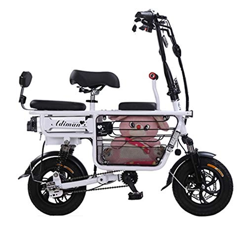 Electric Bike : CJCJ-LOVE 12Inch Electric Folding Bike, Removable Lithium Battery E-Bike with 3 Saddles, 48V / 50Km City Cycling Bicycle Adult Baby Seat Bikes with Pet Frame, White