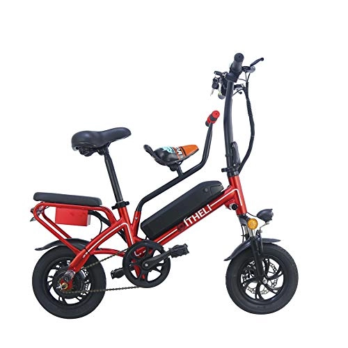 Electric Bike : CJCJ-LOVE Electric Bike Folding Bicycle, 12Inch 48V / 8Ah / 350W Parent-Child Cycling Tandem Bicycles with Lithium Battery E-Bike, Red