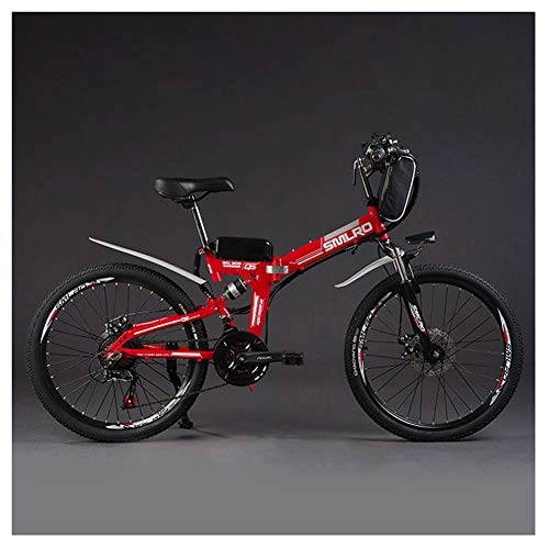 Electric Bike : CJCJ-LOVE Electric Folding Mountain Bike, 26 Inches 21 Speed 48V / 8Ah / 350W E-Bike / Bicycle with Removable Large Capacity Bag-Type Lithium Battery, Red