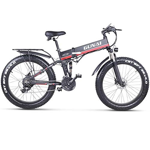 Electric Bike : CJH Bicycle, Bike, Mountain Bike, 26 inch Electric Snow Bike 1000W 48V Foldable Fat Tire Mountain Bike with Rear Seat MTB 21 Speed E-Bike Pedal Assist Hydraulic Disc Brake, Red