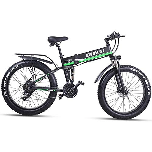 Electric Bike : CJH Bicycle, Bike, Mountain Bike, Electric Bike 26 Inches Folding Fat Tire Snow Bike 12Ah Li-Battery 21 Speed Beach Cruiser Mountain E-Bike with Rear Seat, Green