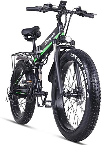 Electric Bike : CNRRT 1000w electric bicycle full-suspension folding electric motor bike fat tire 26 * 4.0 (Color : Green)