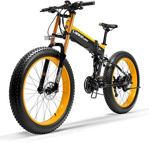 Electric Bike : CNRRT 1000W foldable electric bicycle speed 27 * 26 4.0 5 PAS fat bicycle hydraulic disc brake movable 48V 10Ah lithium battery, Pedelec (black and yellow upgraded, 1000W + 1 spare battery)