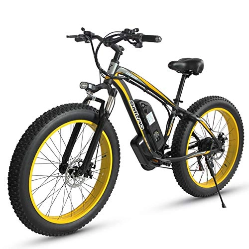 Electric Bike : CNRRT 26-inch electric mountain bike, rear wheel brush 350W motor, mobile 48V15AH lithium battery, professional 21 speed beach snow electric bicycle, double disc brake (Color : Black Yellow)