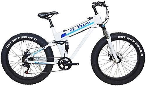 Electric Bike : CNRRT 4.0 * 26 inches thick tread electric mountain bikes, 350W / 500W motor 7 snow bike speed, front and rear suspension (Color : White, Size : 500W 14Ah+1 Spare Battrey)