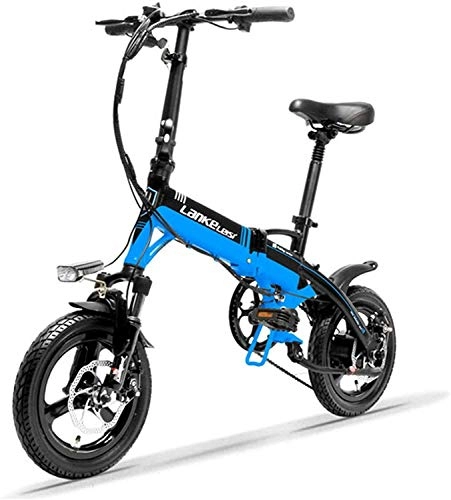 Electric Bike : CNRRT A6 mini folding portable electric bicycle, electric bicycle 14 inches, 36V 350W motor, a magnesium alloy wheel rim, suspension fork (Color : Black Blue, Size : Standard)