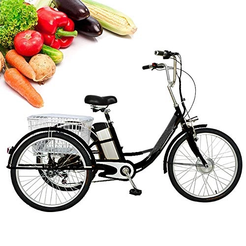 Electric Bike : Compou Adult Tricycle 3-Wheels 24" Lithium Battery Booster, Electric Bicycle Trike With Led Light 12ah Travel 30km, Grandmother & Grandfather Gift, black