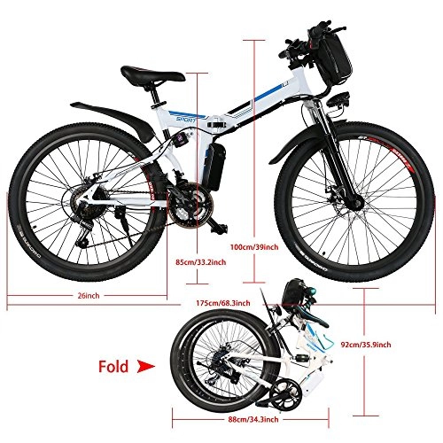 Electric Bike : Cooshional Electric Mountain Bike for Men, 26 Inch Wheel Folding Bike with Large Capacity Lithium-Ion Battery, Premium Full Suspension and Shimano Gear 250W 36V (UK STOCK)