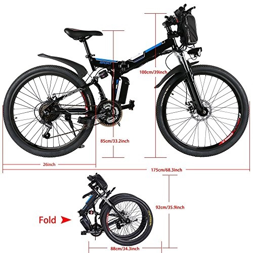 Electric Bike : Cooshional Folding Electric Mountain Bike, Mens Bicycle with Large Capacity Lithium-Ion Battery, Premium Full Suspension and Shimano Gear 250W 36V 26 Inch Wheel (UK STOCK)