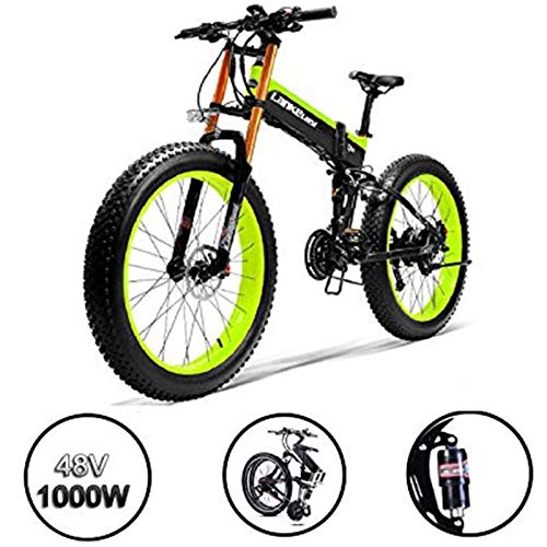Electric Bike : CSLOKTY 3 In1 Folding Electric Bike 14.5AH / 48V Lithium Battery 27 Speeds Fat Tire Electric Bicycle 1000W E-bike 26x4.0 Inch Sports Mountain Bike Green-Fukujo Wheel