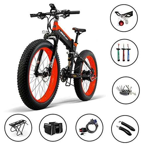 Electric Bike : CSLOKTY Multifunction 1000W Folding Electric Bike 14.5AH / 48V Lithium Battery 27 Speeds Fat Tire Electric Bicycle Folding E-bike Adult 26x4.0 Inch Sports Battery Mountain Ebike For Mens Black+Red