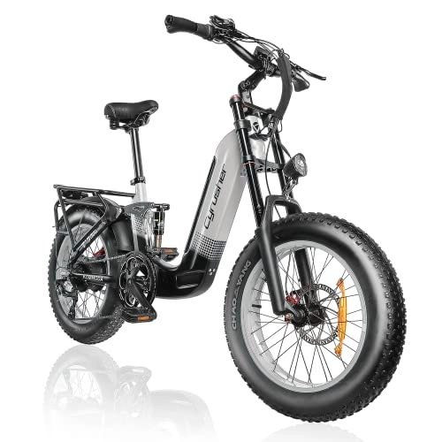 Electric Bike : Cyrusher 20Inch Aluminum Electric Bike, KOMMODA Ebike 250W 48V 14Ah, Full Suspension, Dual Disc Brakes, 4inch Fat Tires, Shi.mano 7 Speed, Grey