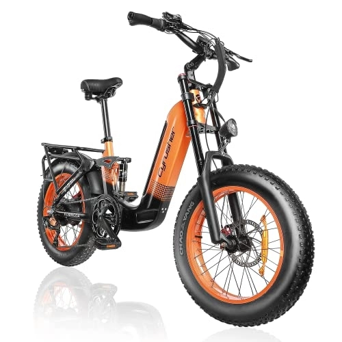 Electric Bike : Cyrusher 20Inch Aluminum Electric Bike, KOMMODA Ebike 250W 48V 14Ah, Full Suspension, Dual Disc Brakes, 4inch Fat Tires, Shi.mano 7 Speed, Orange