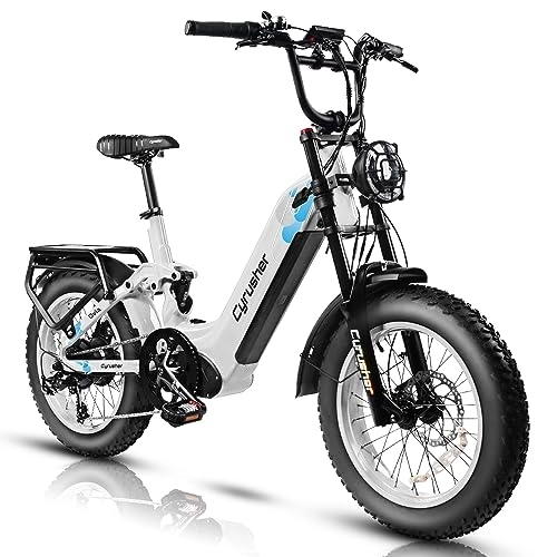 Electric Bike : Cyrusher 20Inch Aluminum Electric Mountain Bike, OVIA Ebkie 250W 52V17Ah, Full Suspension, 203mm Disc Brakes, 4inch Fat Tires, Suitable for Men and Women (White)