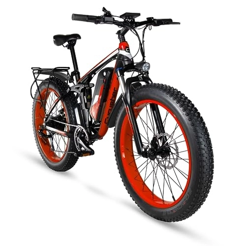 Electric Bike : Cyrusher 26" Electric Bike For Adults, XF800 Mountain Ebike 250W 48V 13Ah, 26" x 4" Fat Tire, Shimano 7-Speed, Full Suspension, Red