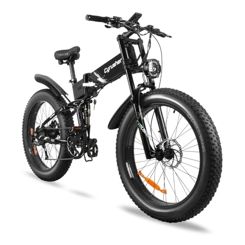 Electric Bike : Cyrusher 26Inch Aluminum Electric Bike, BANDIT Folding Ebkie 250W 48V17Ah, Full Suspension, Dual Disc Brakes, 4inch Fat Tires, Shi.mano 7 Speed, Black