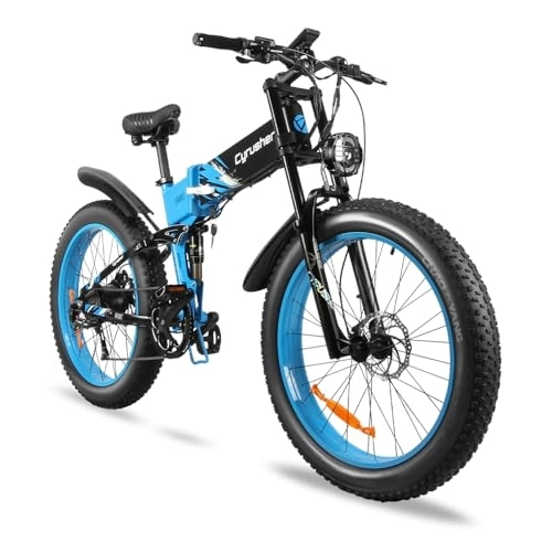 Electric Bike : Cyrusher 26Inch Aluminum Electric Bike, BANDIT Folding Ebkie 250W 48V17Ah, Full Suspension, Dual Disc Brakes, 4inch Fat Tires, Shi.mano 7 Speed, Blue