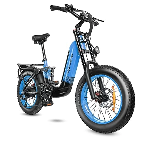 Electric Bike : Cyrusher Electric Bike, Kommoda Step-Through 20" x 4.0" Fat Tire Electric Bikes for Adults, 14Ah 250W 48V E Bike, Ebike with 7 Gears SHIMANO System 3.7'' LCD Display(Blue)
