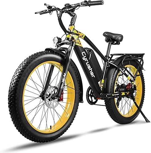 Electric Bike : Cyrusher Electric Bike, XF650 26 Inch Fat Tire EBike, 16Ah 250W 48V City E Bike for Adults, Shimano 7-Speed Hardtail Electric Bike (YELLOW)