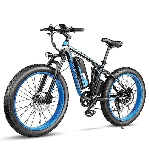 Electric Bike : Cyrusher Electric Bike, XF800 26 Inch Fat Tire EBike, 13Ah 250W 48V City E Bike for Adults, Shimano 7-Speed Snow Beach Mountain E-Bike (Blue)