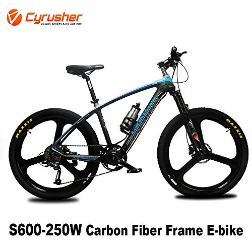 Electric Bike : Cyrusher S600 Carbon Fiber Mountain Ebike 36V 250W Electric Bicycle 9 Speeds Hydraulic Disc Brakes Mens Bike with Lithium Battery (Blue)