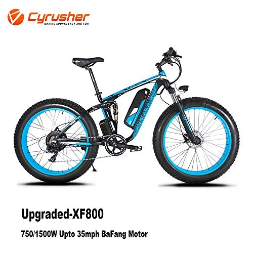 Electric Bike : Cyrusher Upgraded XF800 26inch Fat Tire Electric Bike 750 / 1500W Upto 35mph BaFang Motor 48V Mens Women Mountain e-Bike Pedal Assist, Lithium Battery Full Suspension Hydraulic Disc Brakes(Blue)