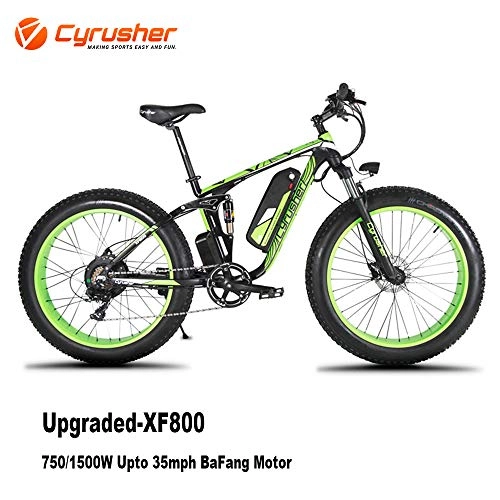 Electric Bike : Cyrusher Upgraded XF800 26inch Fat Tire Electric Bike 750 / 1500W Upto 35mph BaFang Motor 48V Mens Women Mountain e-Bike Pedal Assist, Lithium Battery Full Suspension Hydraulic Disc Brakes(Green)