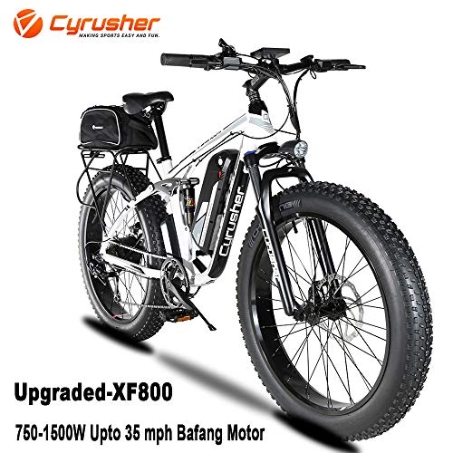 Electric Bike : Cyrusher Upgraded XF800 26inch Fat Tire Electric Bike 750 / 1500W Upto 35mph BaFang Motor 48V Mens Women Mountain e-Bike Pedal Assist, Lithium Battery Full Suspension Hydraulic Disc Brakes(White)