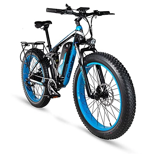 Electric Bike : Cyrusher Upgraded XF800 Electric Mountain Bike 750W / 1500W Upto 35mph 26inch Fat Tire e-Bike 7 Speeds Beach Cruiser Sports Mountain Bikes Full Suspension, Lithium Battery Hydraulic Disc Brakes(Blue)