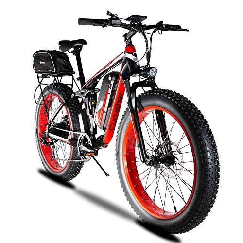 Electric Bike : Cyrusher Upgraded XF800 Electric Mountain Bike 750W / 1500W Upto 35mph 26inch Fat Tire e-Bike 7 Speeds Beach Cruiser Sports Mountain Bikes Full Suspension, Lithium Battery Hydraulic Disc Brakes(Red)