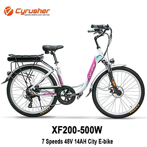 Electric Bike : Cyrusher XF200 City Electric Bike 500W 48V 14Ah Mechanical Disc Brake 700C 7 Speed for Women Bikes(white-pink)