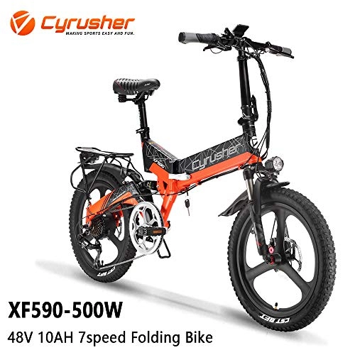 Electric Bike : Cyrusher XF590 Electric Mountain Bike 500W 48V Folding City Bike 7 Speeds Full Suspension Ebikes (orange)