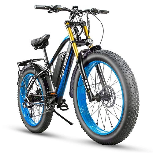 Electric Bike : Cyrusher XF650 Motorcycle Style Electric Bike 750W Bafang Motor 7 Speeds Fat Tire Electric Mountain Snow Beach Bike for Adults Hydraulic Disc Brakes with 17Ah Lithium Battery (Blue)