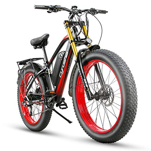 Electric Bike : Cyrusher XF650 Motorcycle Style Electric Bike 750W Bafang Motor 7 Speeds Fat Tire Electric Mountain Snow Beach Bike for Adults Hydraulic Disc Brakes with 17Ah Lithium Battery (Red)