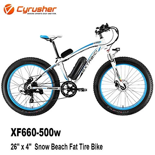 Electric Bike : Cyrusher XF660 500W 26 inch Snow Beach Fat Tire Electric Mountain Bicycle Mens Mountain E-Bike with Hydraulic Disc Brakes Aluminum Frame MTB Hardtail E bike(Blue)