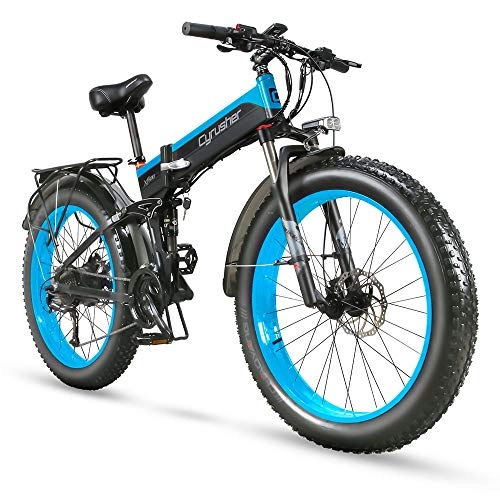 Electric Bike : Cyrusher XF690 1000W Electric Bike 27 Speeds Fat Tyre Mountain Bike 48V 12.8Ah Folding Bike with Hydraulic Oil Disc Brake Ebikes(blue)