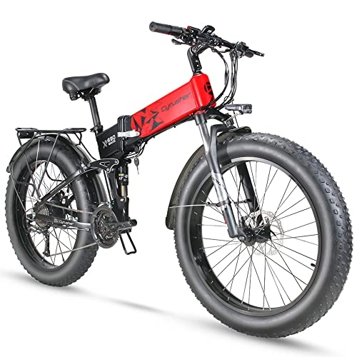 Electric Bike : Cyrusher XF690 Maxs Electric Mountain Bike Full Suspension Fat Tire Folding Electric Bicycle for Adults with 15ah Battery and Rear Rack Ebike (Red)