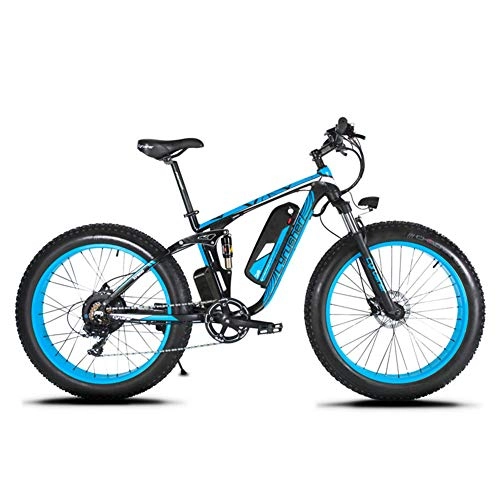 Electric Bike : Cyrusher XF800 1000W Electric Mountain Bike 26inch Fat Tire e-Bike Shimano 7 Speeds Beach Cruiser Mens Sports Mountain Bike Full Suspension, Lithium Battery Hydraulic Disc Brakes(Blue)