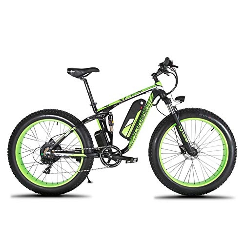 Electric Bike : Cyrusher XF800 1000W Electric Mountain Bike 26inch Fat Tire e-Bike Shimano 7 Speeds Beach Cruiser Mens Sports Mountain Bike Full Suspension, Lithium Battery Hydraulic Disc Brakes(Green)