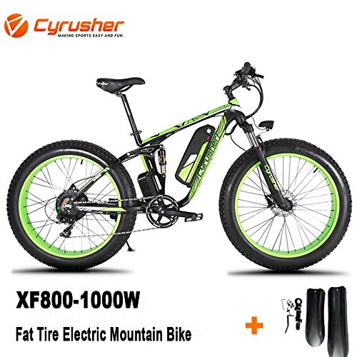 Electric Bike : Cyrusher XF800 750W Electric Mountain Bike 26inch Fat Tire e-Bike Shimano 7 Speeds Beach Cruiser Mens Sports Mountain Bike Full Suspension, Lithium Battery Hydraulic Disc Brakes(Green)