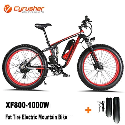 Electric Bike : Cyrusher XF800 750W Electric Mountain Bike 26inch Fat Tire e-Bike Shimano 7 Speeds Beach Cruiser Mens Sports Mountain Bike Full Suspension, Lithium Battery Hydraulic Disc Brakes(Red)