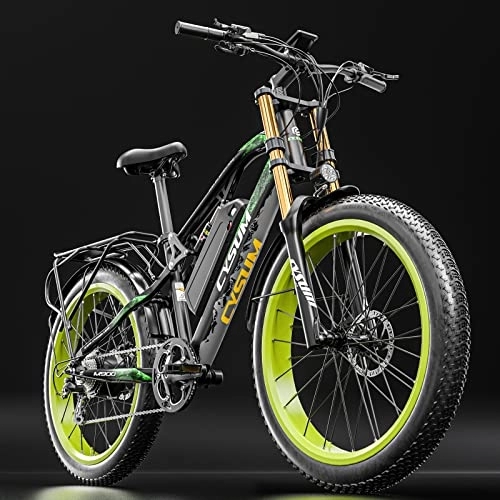 Electric Bike : cysum CM900 Plus Electric Bike Electric Mountain Bike for Adult Man Woman 26'' Fat Ebike 48v 17ah Battery Shimano 9 Speed Electric Bicycle (black green)