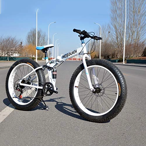 Electric Bike : Dapang 24" Folding Mountain Bike, 7 / 21 / 24 / 27 / 30 Speed Dual Suspension 4.0 Inch Wide Tire Bicycle Can Cycling On Snow, Mountains, Roads, Beaches, Etc, White, 7speed