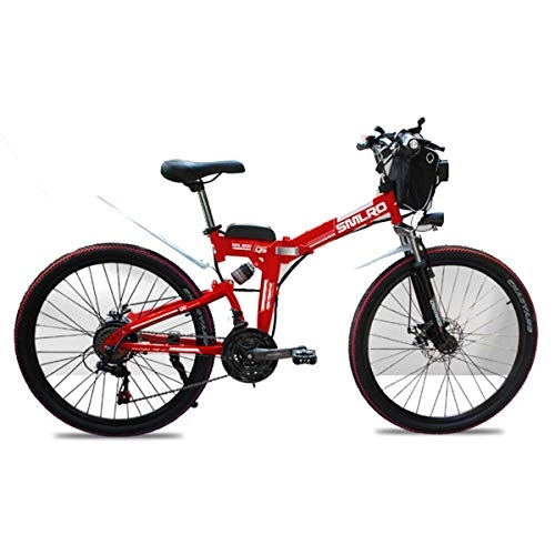 Electric Bike : Dapang 48V Electric Mountain Bike, 26 Inch Folding E-bike with 4.0" Fat Tyres Spoke Wheels, Premium Full Suspension, Red