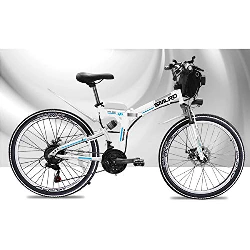 Electric Bike : Dapang 48V Electric Mountain Bike, 26 Inch Folding E-bike with 4.0" Fat Tyres Spoke Wheels, Premium Full Suspension, White
