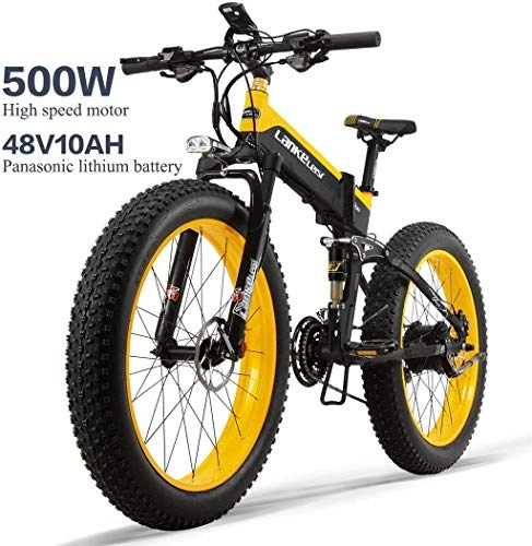Electric Bike : DE-BDBD Electric Bike 26In Tire 500W Motor 48V 10AH Removable Large Capacity Battery Lithium E-Bikes Snow MTB Folding Electric Bicycle 27 Speed Gear Shimano Shifting System, Yellow